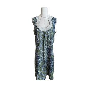 Trina Turk Blue Green Print Metallic Brocade Shift Sleeveless Mini Dress